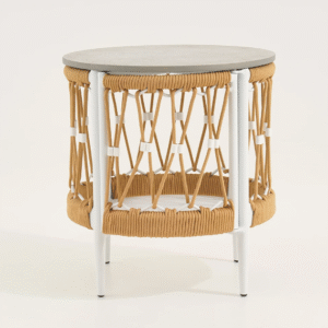 Ropipe 470mm Round Outdoor Side Table with Storage Patio Weave Rope End Table in Khaki