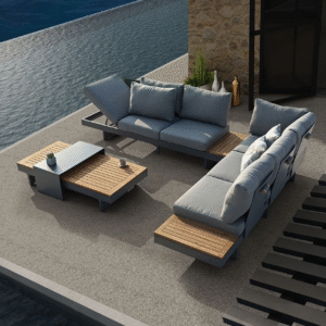 6-seater grey aluminum and teak garden furniture set with reclining function